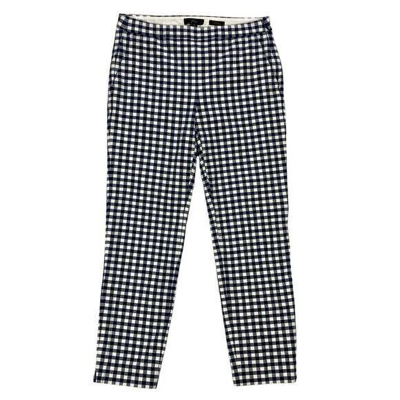 J. Crew Martie Pants Womens Sz 0 White Blue Gingham Checkered Print Tapered Leg - Picture 2 of 16